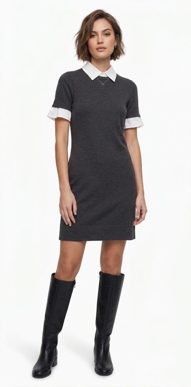 Theory Women's Dark Gray White Merino Wool Knit Layered Sweater Dress Size P(XS)